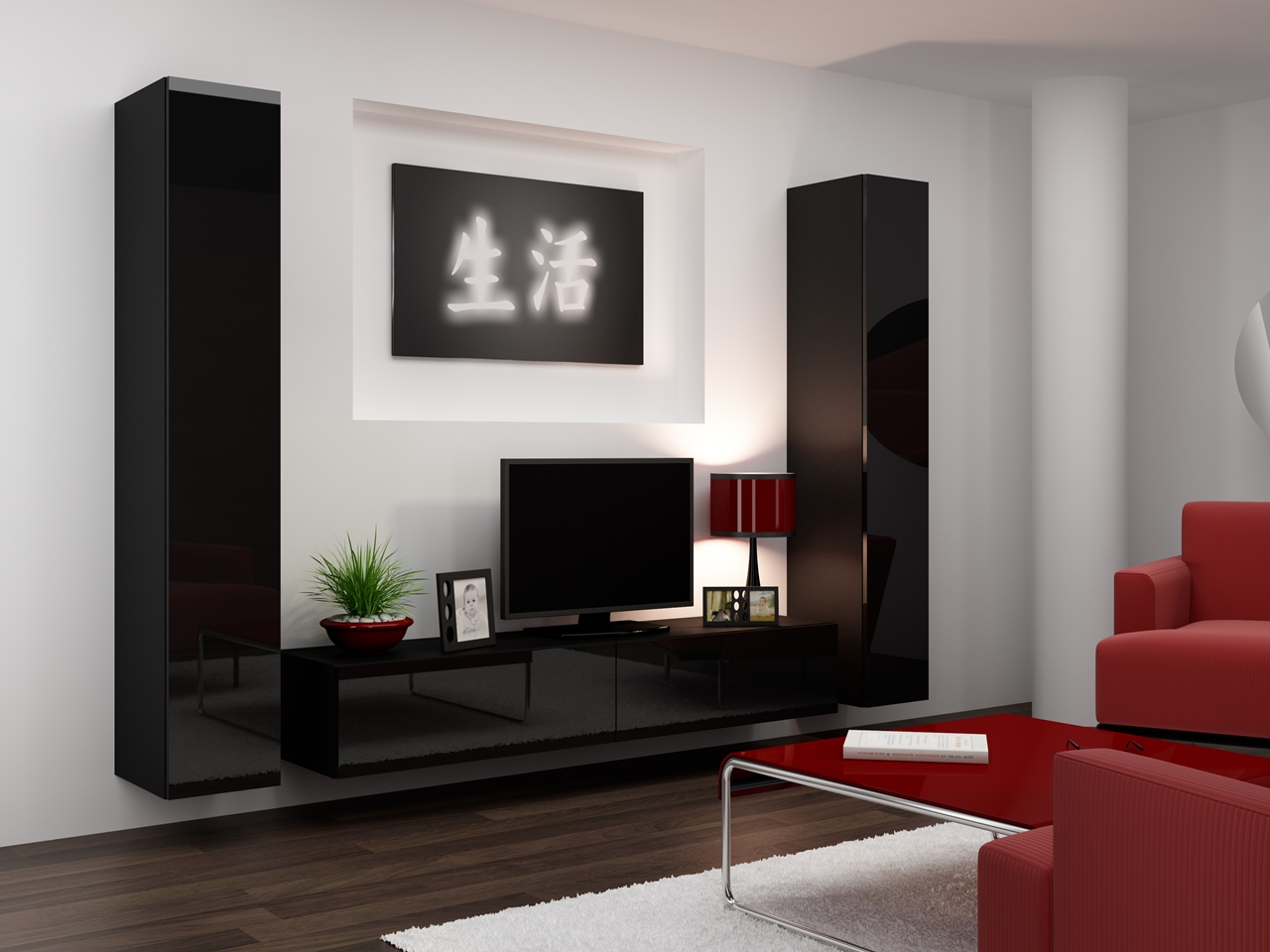 Conjunto de muebles de entretenimiento VIGO 4D negro / negro brillo